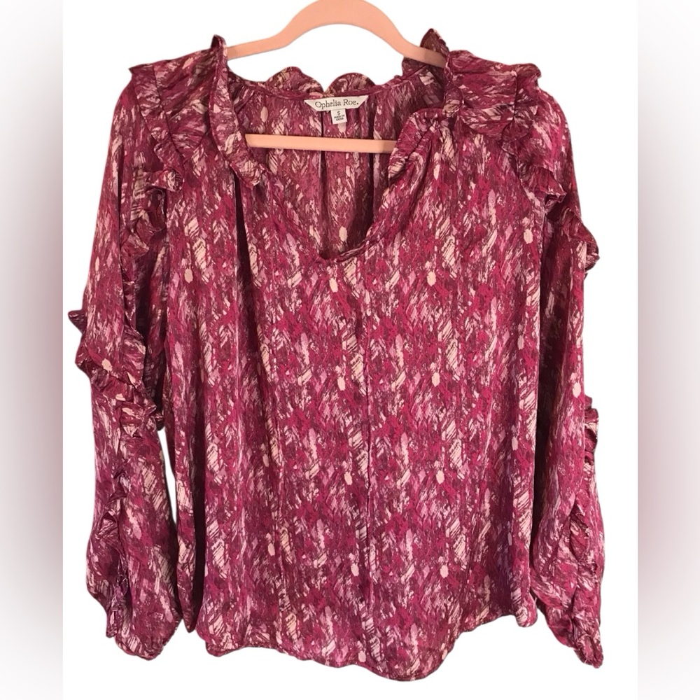 Ophelia Roe Ruffled Neck Keyhole Long Sleeve pattern Chiffon Blouse Top‎  S NWOT